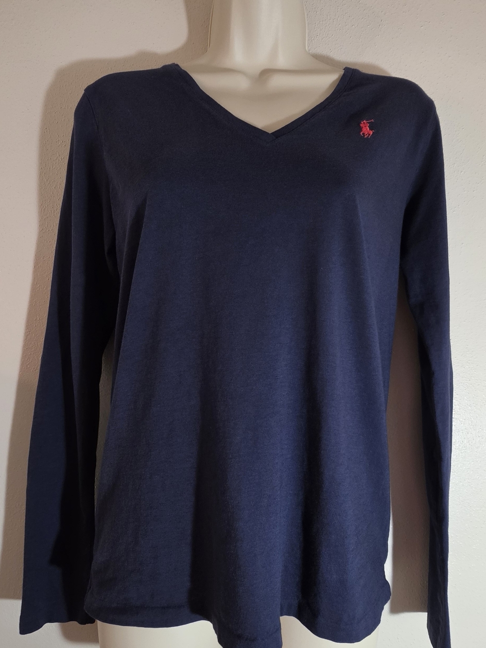 Ralph Lauren Navy V-Neck Long Sleeve Top with Red Pony Logo